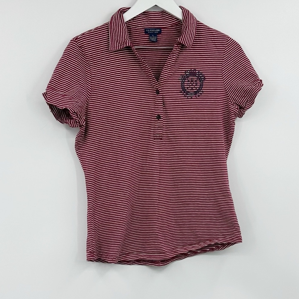 US Polo Assn Red Striped Short Sleeve Polo Shirt Size Large Academia